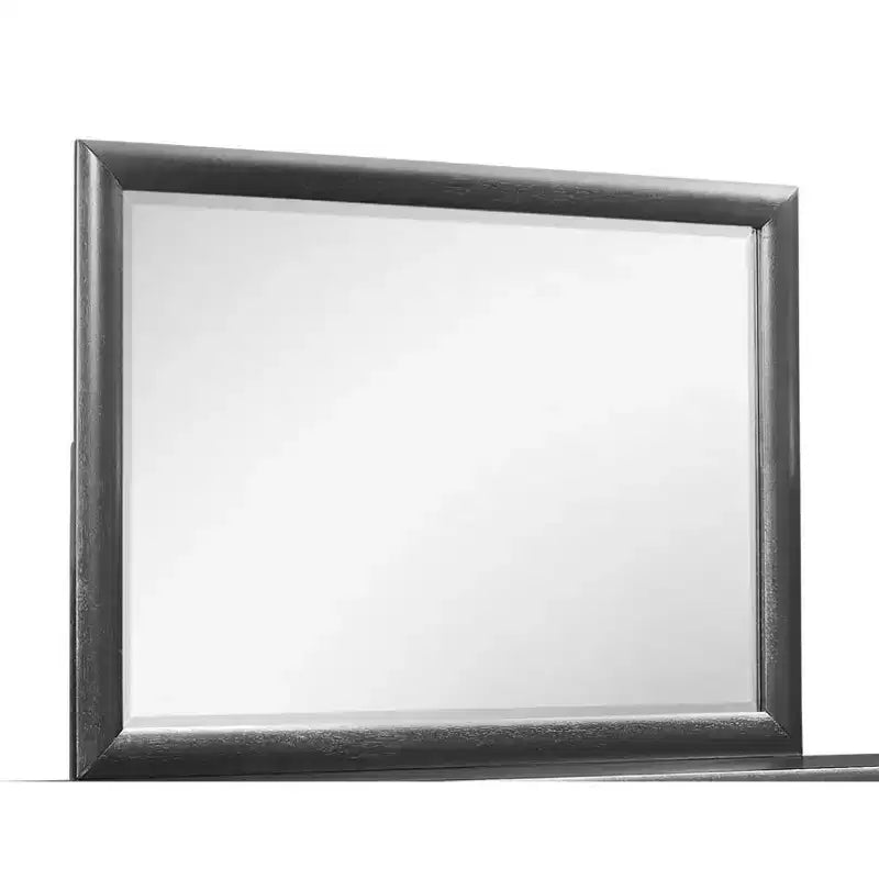 Miroir encadré gris HomeStock aux lignes épurées. Miroir de chambre contemporain avec cadre en bois simple.