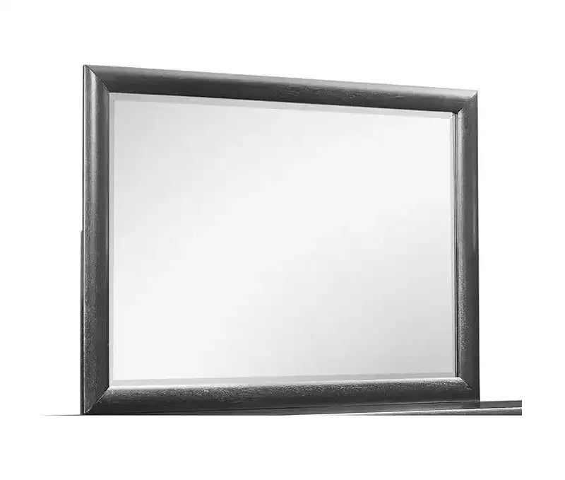 Miroir encadré gris HomeStock aux lignes épurées. Miroir de chambre contemporain avec cadre en bois simple.