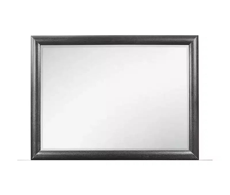 Miroir encadré gris HomeStock aux lignes épurées. Miroir de chambre contemporain avec cadre en bois simple.