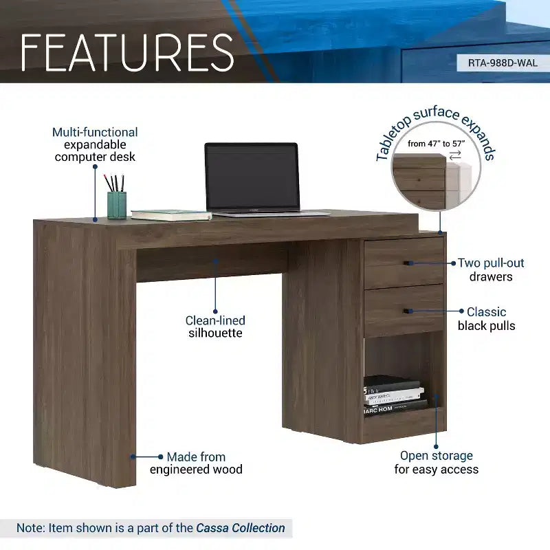 Okak 47.5IN Bureau extensible moderne, bureau d'ordinateur avec 2 tiroirs et 1 étagère, bureau d'écriture pour salle de lecture, bureau d'étude