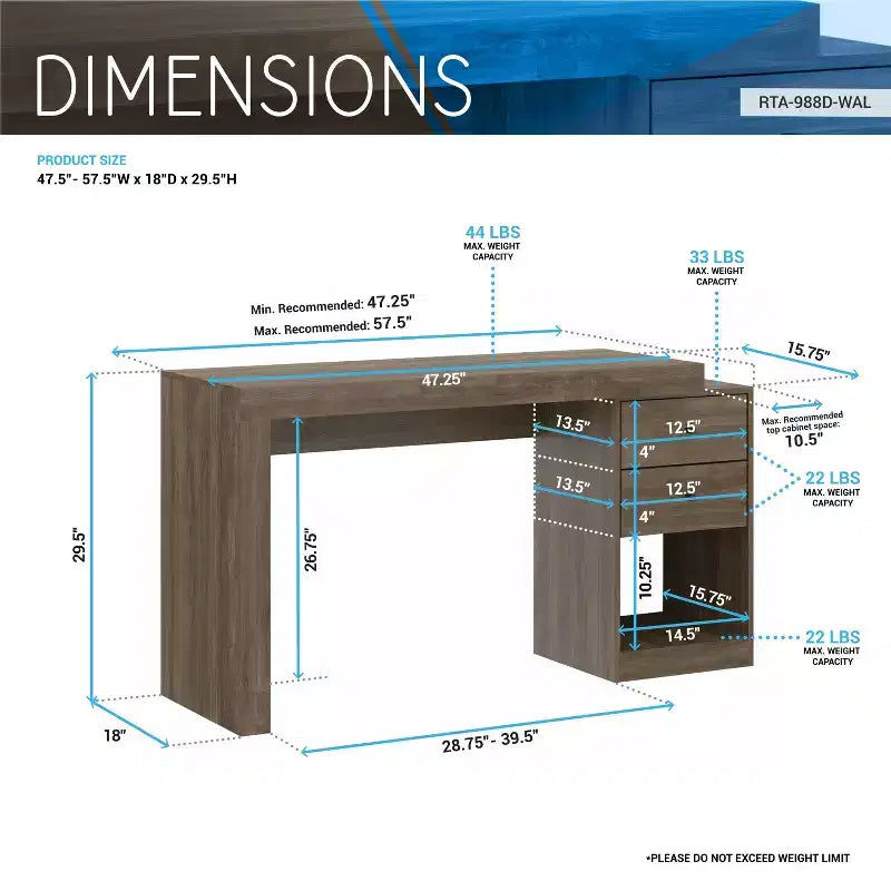 Okak 47.5IN Bureau extensible moderne, bureau d'ordinateur avec 2 tiroirs et 1 étagère, bureau d'écriture pour salle de lecture, bureau d'étude