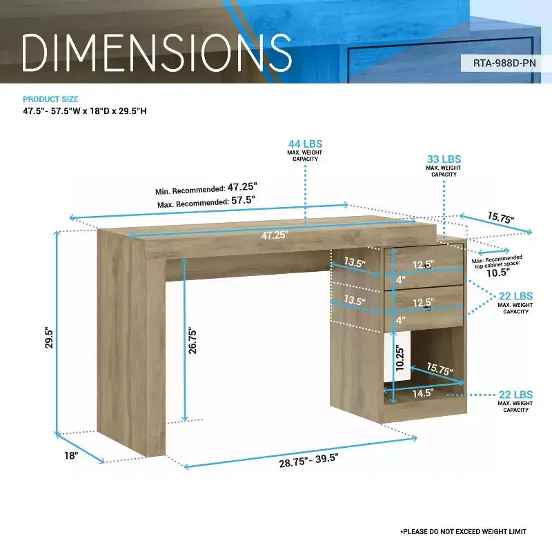 Okak 47.5IN Bureau extensible moderne, bureau d'ordinateur avec 2 tiroirs et 1 étagère, bureau d'écriture pour salle de lecture, bureau d'étude
