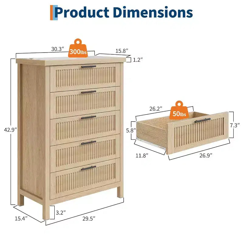 Commode à 5 tiroirs, commode de chambre moderne en bois avec poignées et tiroirs de rangement, meuble TV de style ferme pour salon, chambre à coucher, couloir