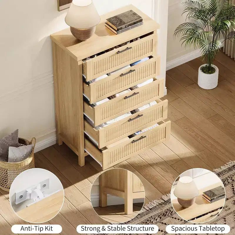 Commode à 5 tiroirs, commode de chambre moderne en bois avec poignées et tiroirs de rangement, meuble TV de style ferme pour salon, chambre à coucher, couloir