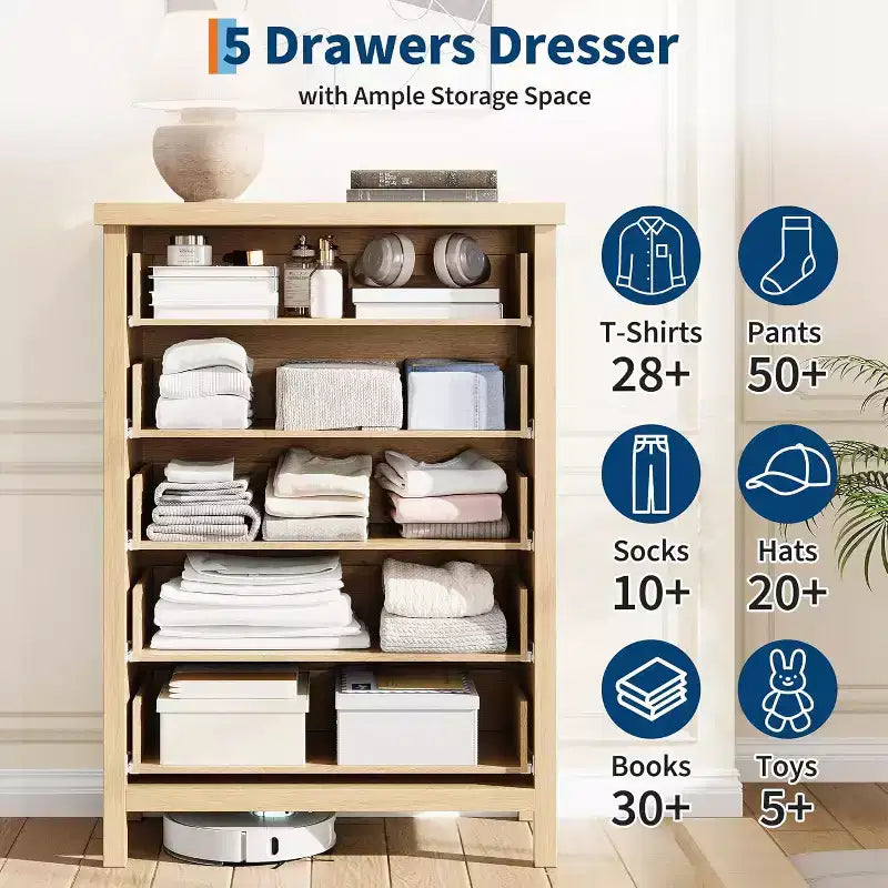 Commode à 5 tiroirs, commode de chambre moderne en bois avec poignées et tiroirs de rangement, meuble TV de style ferme pour salon, chambre à coucher, couloir