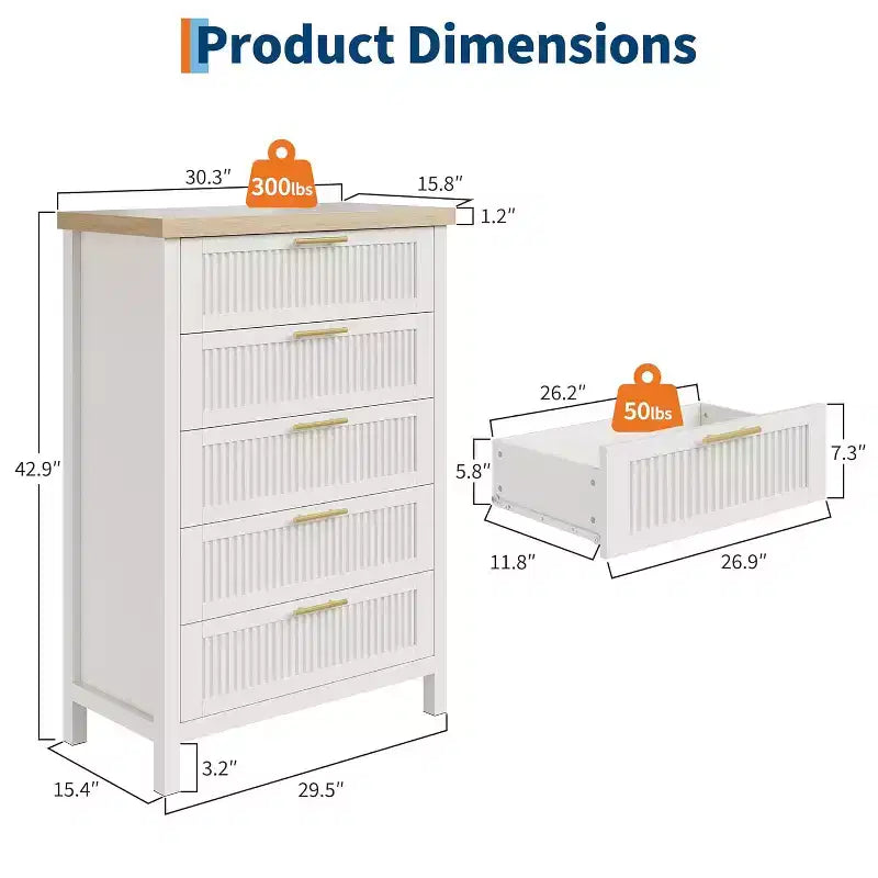 Commode à 5 tiroirs, commode de chambre moderne en bois avec poignées et tiroirs de rangement, meuble TV de style ferme pour salon, chambre à coucher, couloir