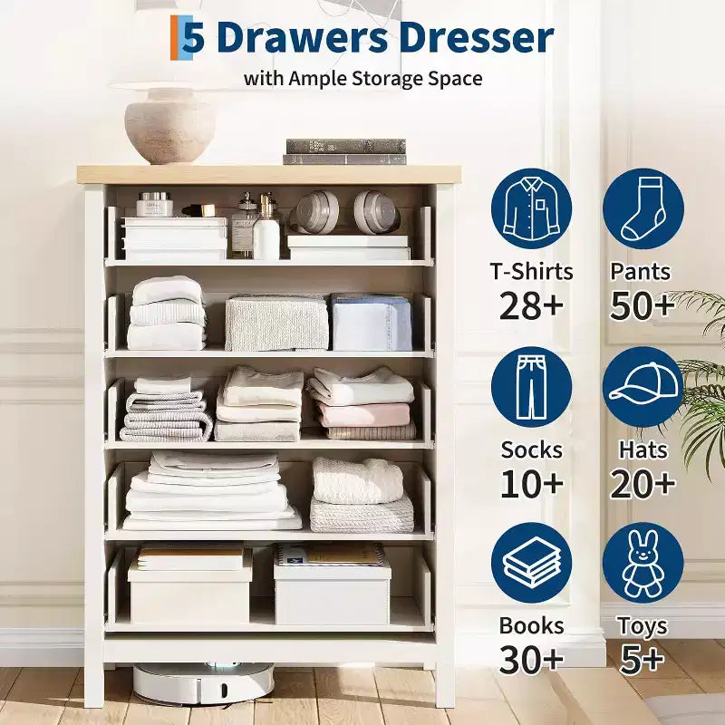 Commode à 5 tiroirs, commode de chambre moderne en bois avec poignées et tiroirs de rangement, meuble TV de style ferme pour salon, chambre à coucher, couloir