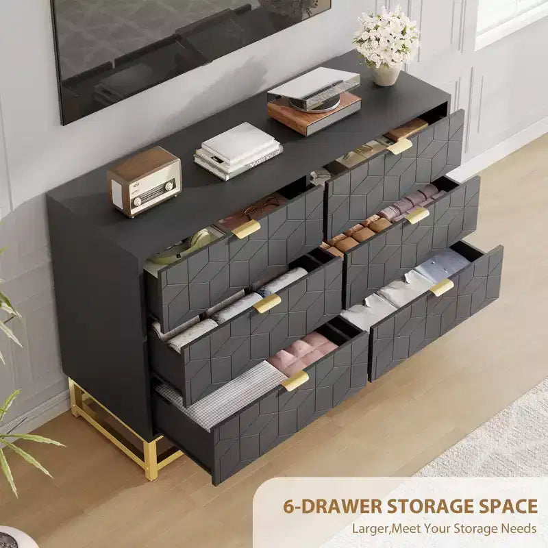 Commode double à 6 tiroirs, commode moderne pour chambre à coucher avec poignées dorées, grande commode pour couloir, entrée