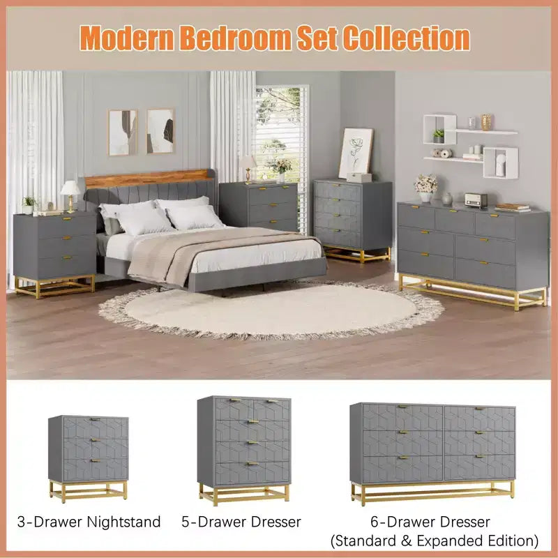 Commode double à 6 tiroirs, commode moderne pour chambre à coucher avec poignées dorées, grande commode pour couloir, entrée