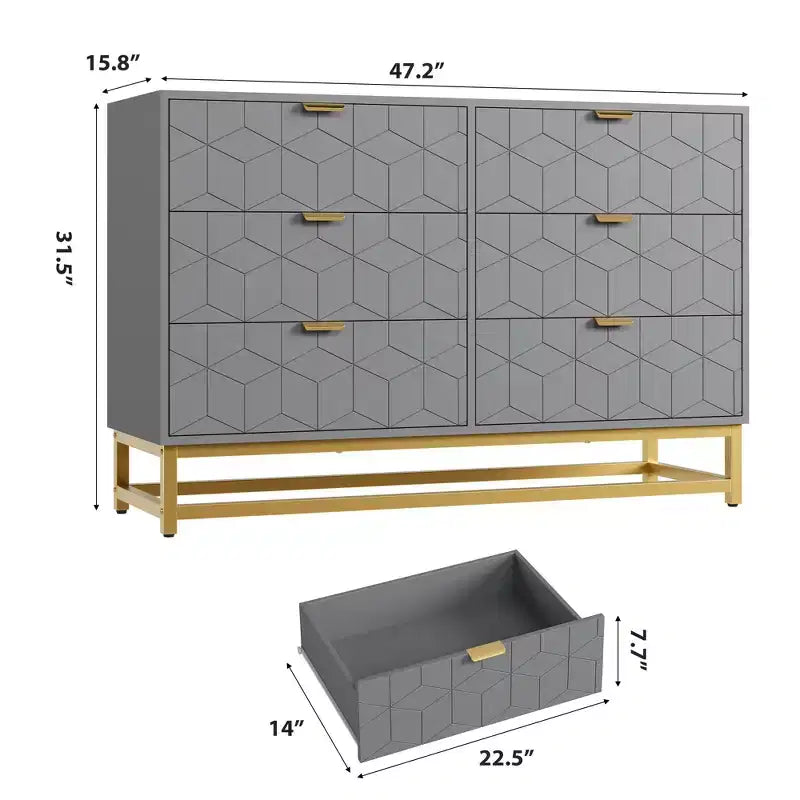Commode double à 6 tiroirs, commode moderne pour chambre à coucher avec poignées dorées, grande commode pour couloir, entrée