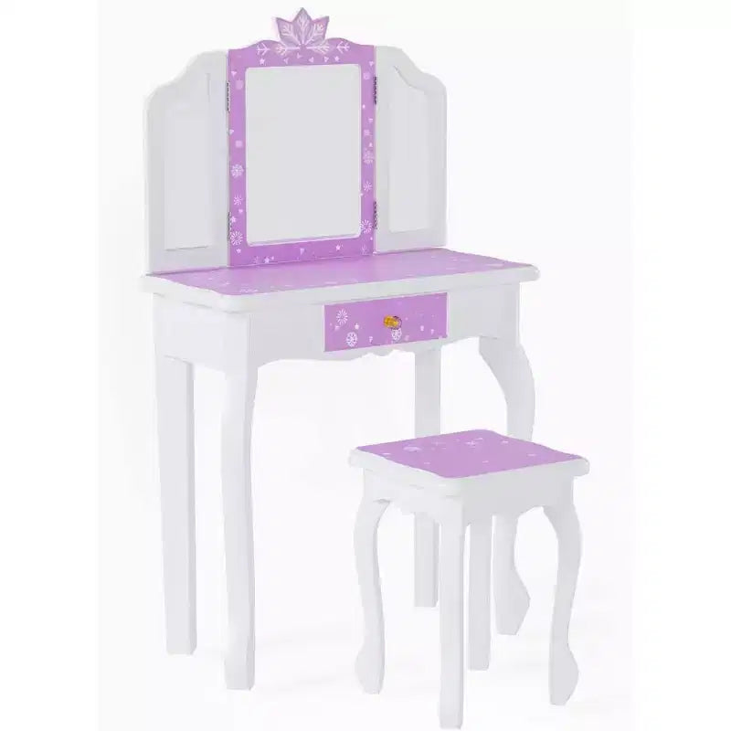 JOYMOR Kids Vanity Set, Wooden Princess Makeup Table with Stool, Tri-Folding Mirror, Large Drawer and Solid Wooden Legs, Purple