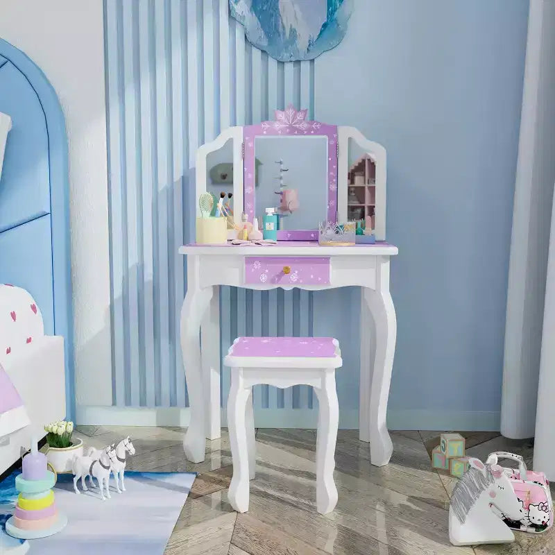 JOYMOR Coiffeuse pour enfants, table de maquillage princesse en bois avec tabouret, miroir triptyque, grand tiroir et pieds en bois massif, violette