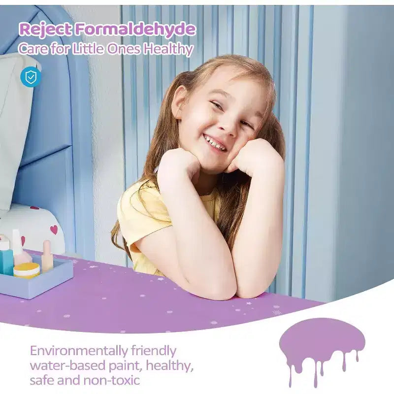 JOYMOR Coiffeuse pour enfants, table de maquillage princesse en bois avec tabouret, miroir triptyque, grand tiroir et pieds en bois massif, violette