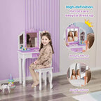 JOYMOR Coiffeuse pour enfants, table de maquillage princesse en bois avec tabouret, miroir triptyque, grand tiroir et pieds en bois massif, violette