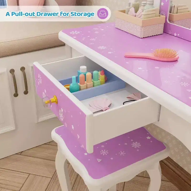 JOYMOR Coiffeuse pour enfants, table de maquillage princesse en bois avec tabouret, miroir triptyque, grand tiroir et pieds en bois massif, violette
