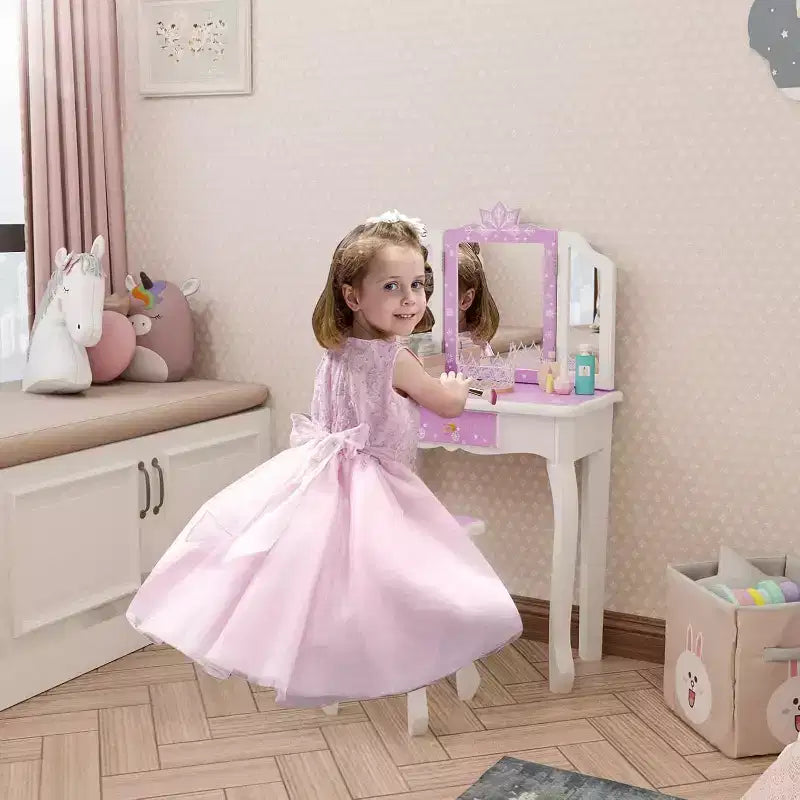 JOYMOR Coiffeuse pour enfants, table de maquillage princesse en bois avec tabouret, miroir triptyque, grand tiroir et pieds en bois massif, violette