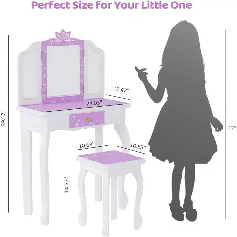 JOYMOR Coiffeuse pour enfants, table de maquillage princesse en bois avec tabouret, miroir triptyque, grand tiroir et pieds en bois massif, violette
