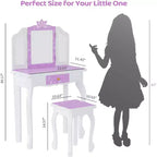 JOYMOR Coiffeuse pour enfants, table de maquillage princesse en bois avec tabouret, miroir triptyque, grand tiroir et pieds en bois massif, violette