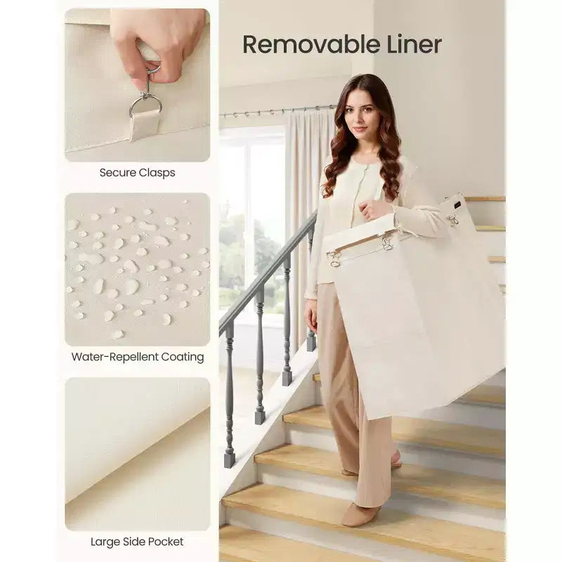 Panier à linge roulant avec doublure amovible, panier à roulettes de 180 litres avec freins et cadre en acier, blanc cassé