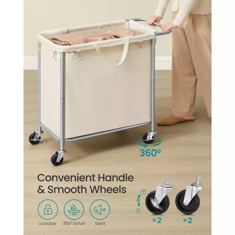Panier à linge roulant avec doublure amovible, panier à roulettes de 180 litres avec freins et cadre en acier, blanc cassé