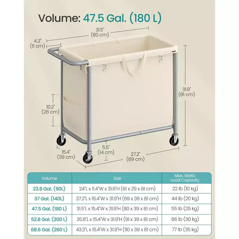 Panier à linge roulant avec doublure amovible, panier à roulettes de 180 litres avec freins et cadre en acier, blanc cassé