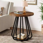 Lantine 2-Tier Small Round Side Table, with Metal Frame and Lower Shelf, End Table for Small Spaces, Living Room, Bedroom, Vintage Brown & Black