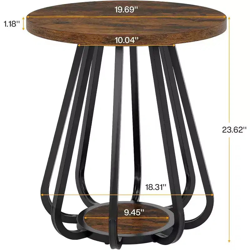 Petite table d'appoint ronde à 2 niveaux Lantine, avec cadre métallique et étagère inférieure, table d'appoint pour petits espaces, salon, chambre, marron vintage et noir