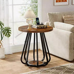 Petite table d'appoint ronde à 2 niveaux Lantine, avec cadre métallique et étagère inférieure, table d'appoint pour petits espaces, salon, chambre, marron vintage et noir