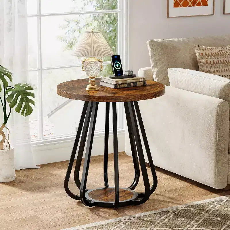 Petite table d'appoint ronde à 2 niveaux Lantine, avec cadre métallique et étagère inférieure, table d'appoint pour petits espaces, salon, chambre, marron vintage et noir