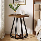 Petite table d'appoint ronde à 2 niveaux Lantine, avec cadre métallique et étagère inférieure, table d'appoint pour petits espaces, salon, chambre, marron vintage et noir