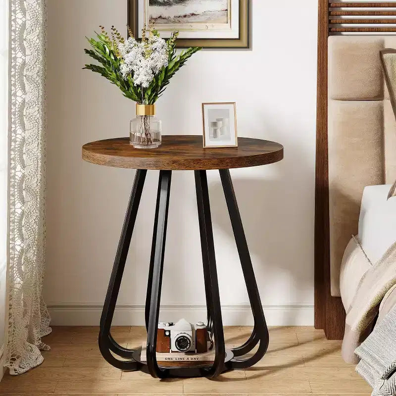 Petite table d'appoint ronde à 2 niveaux Lantine, avec cadre métallique et étagère inférieure, table d'appoint pour petits espaces, salon, chambre, marron vintage et noir