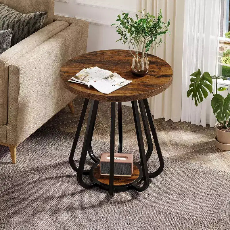 Petite table d'appoint ronde à 2 niveaux Lantine, avec cadre métallique et étagère inférieure, table d'appoint pour petits espaces, salon, chambre, marron vintage et noir