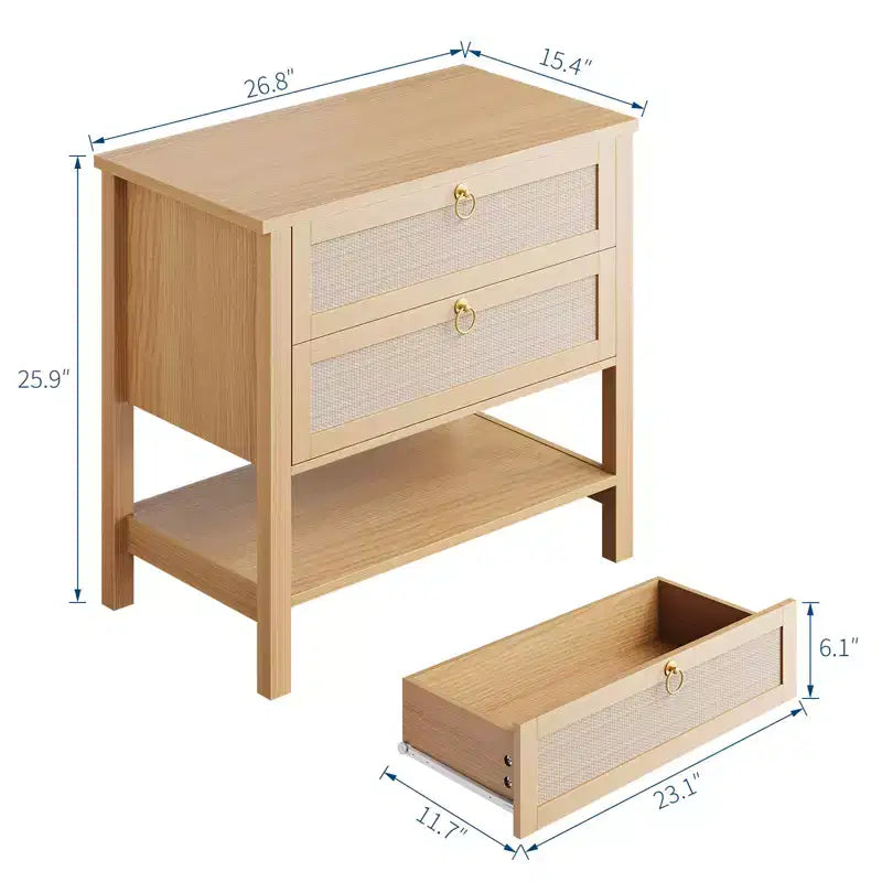 Table de chevet en rotin, style moderne avec 2 tiroirs, étagère de rangement ouverte, convient pour chambre et salon, bois de cerisier, lot de 2