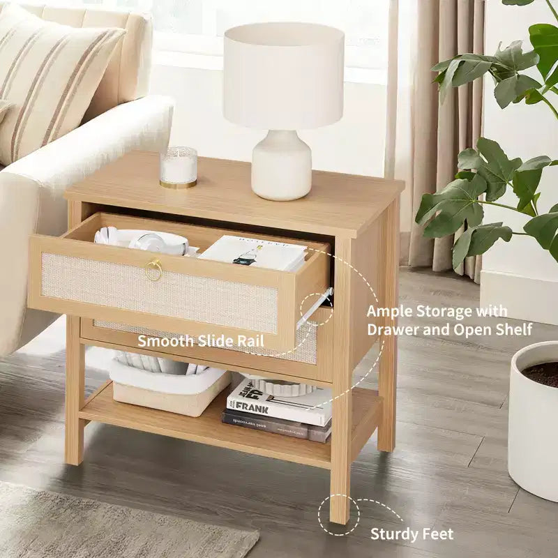 Table de chevet en rotin, style moderne avec 2 tiroirs, étagère de rangement ouverte, convient pour chambre et salon, bois de cerisier, lot de 2