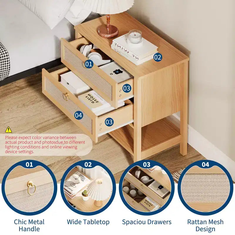 Table de chevet en rotin, style moderne avec 2 tiroirs, étagère de rangement ouverte, convient pour chambre et salon, bois de cerisier, lot de 2