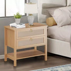 Table de chevet en rotin, style moderne avec 2 tiroirs, étagère de rangement ouverte, convient pour chambre et salon, bois de cerisier, lot de 2