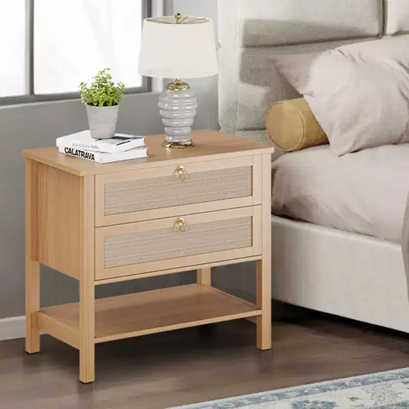 Table de chevet en rotin, style moderne avec 2 tiroirs, étagère de rangement ouverte, convient pour chambre et salon, bois de cerisier, lot de 2