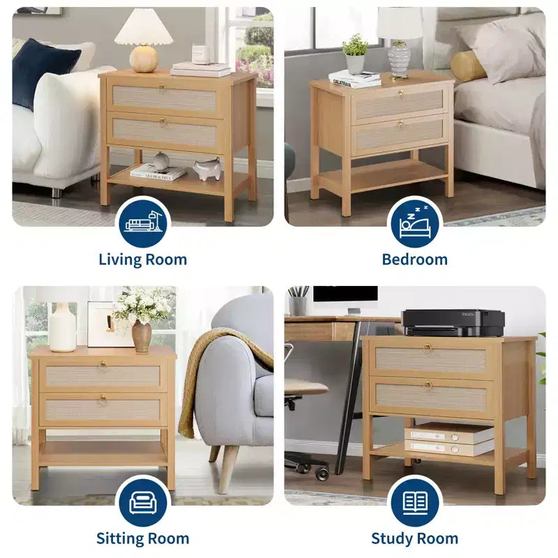 Table de chevet en rotin, style moderne avec 2 tiroirs, étagère de rangement ouverte, convient pour chambre et salon, bois de cerisier, lot de 2