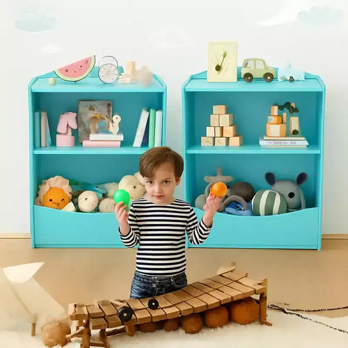 Étagère à livres pour enfants à 2 niveaux et rangement de livres, étagère à livres pour tout-petits, étagère et organisateur de livres avec bacs de rangement pour chambre de bébé, salle de jeux, salle de classe, bibliothèque, chambre à coucher
