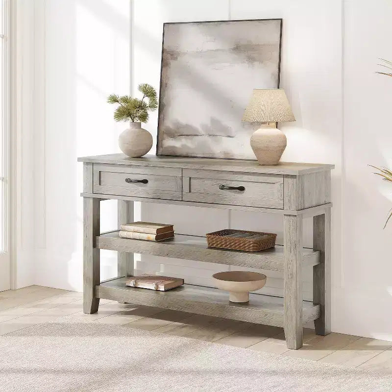 Console et table basse avec 2 tiroirs, table d'entrée étroite à 3 niveaux avec étagères de rangement pour le salon derrière le canapé, l'entrée, le couloir