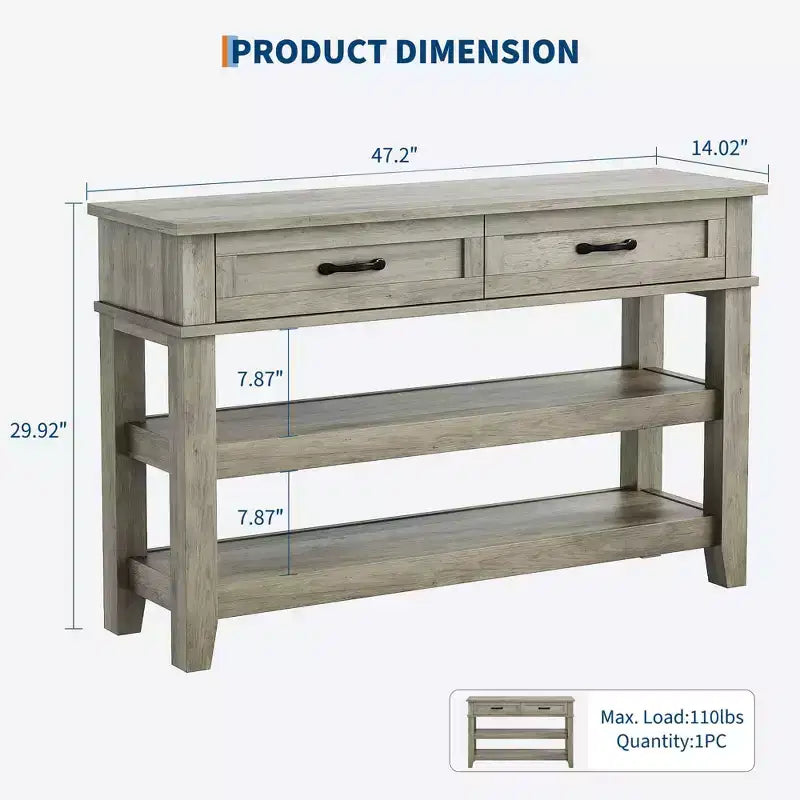 Console et table basse avec 2 tiroirs, table d'entrée étroite à 3 niveaux avec étagères de rangement pour le salon derrière le canapé, l'entrée, le couloir