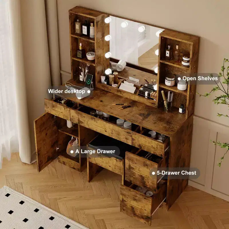 COZONY Coiffeuse de ferme avec miroir lumineux, coiffeuse de maquillage avec station de recharge et rangement pour chambre à coucher