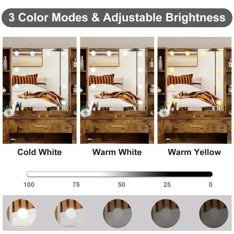 COZONY Coiffeuse de ferme avec miroir lumineux, coiffeuse de maquillage avec station de recharge et rangement pour chambre à coucher