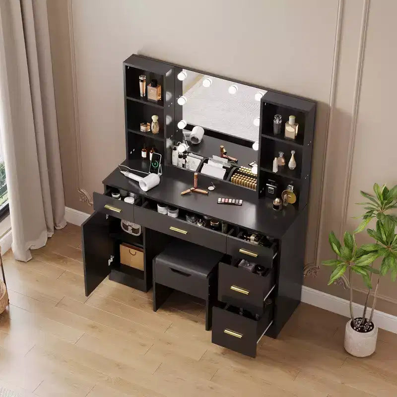 COZONY Coiffeuse de ferme avec miroir lumineux, coiffeuse de maquillage avec station de recharge et rangement pour chambre à coucher