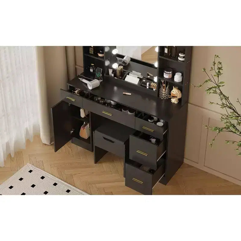 COZONY Coiffeuse de ferme avec miroir lumineux, coiffeuse de maquillage avec station de recharge et rangement pour chambre à coucher