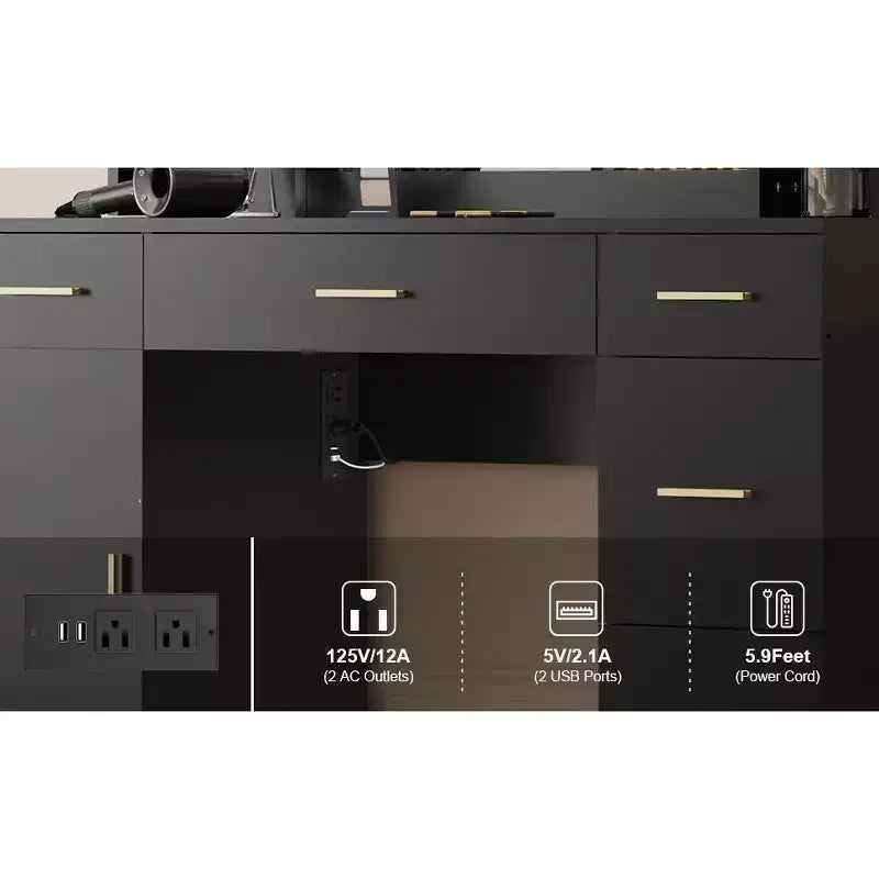 COZONY Coiffeuse de ferme avec miroir lumineux, coiffeuse de maquillage avec station de recharge et rangement pour chambre à coucher