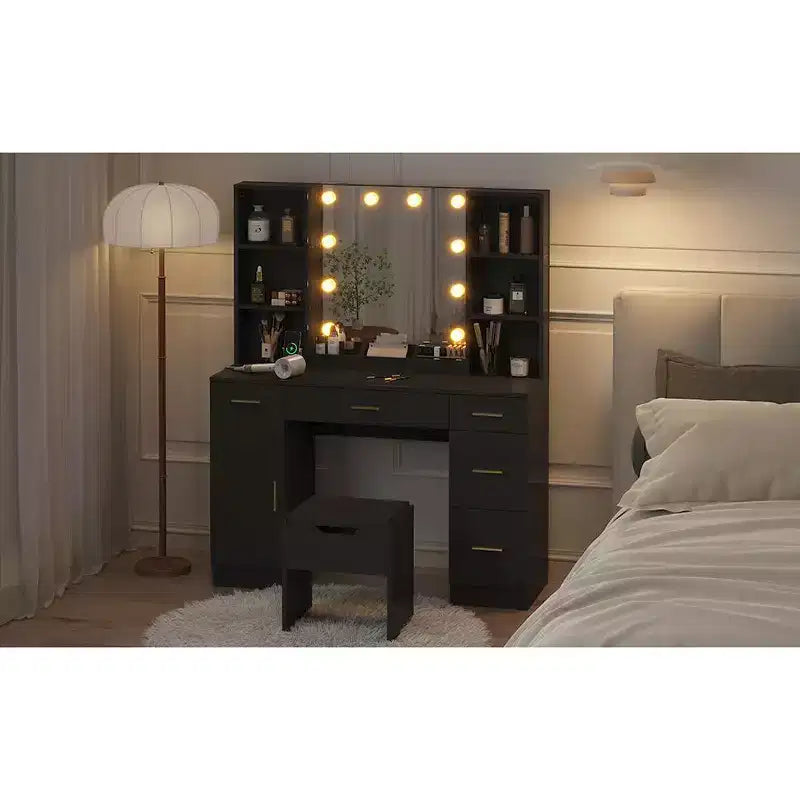 COZONY Coiffeuse de ferme avec miroir lumineux, coiffeuse de maquillage avec station de recharge et rangement pour chambre à coucher