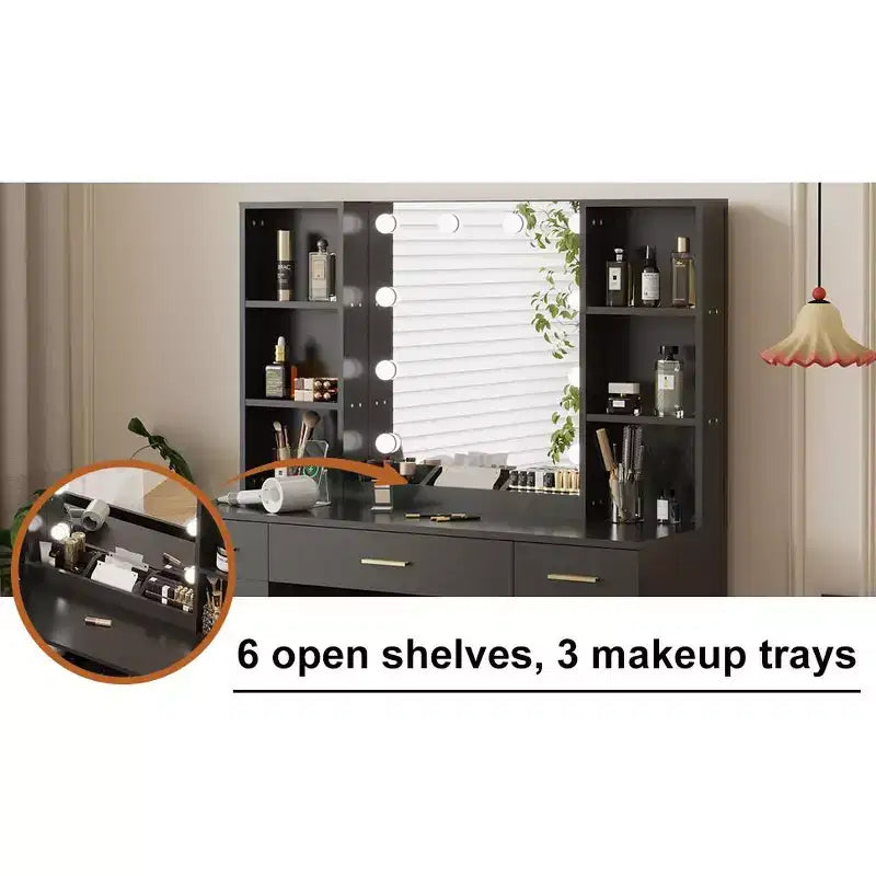 COZONY Coiffeuse de ferme avec miroir lumineux, coiffeuse de maquillage avec station de recharge et rangement pour chambre à coucher