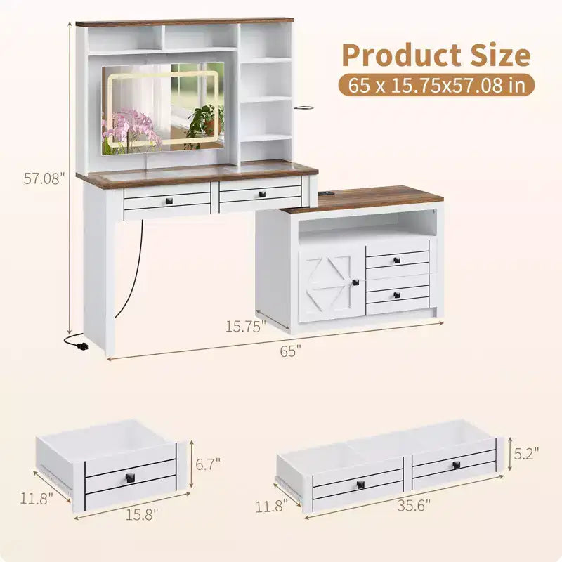 COZONY Coiffeuse d'angle, miroir LED, plateau en verre, prises et USB, 1 porte, 4 tiroirs, 7 étagères