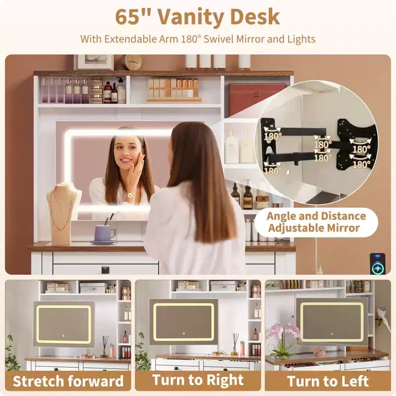 COZONY Coiffeuse d'angle, miroir LED, plateau en verre, prises et USB, 1 porte, 4 tiroirs, 7 étagères